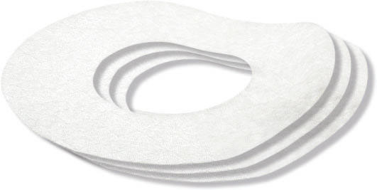 Vier weiße, kreisförmige Pads mit einem Loch in der Mitte. Sie sind übereinander geschichtet.
