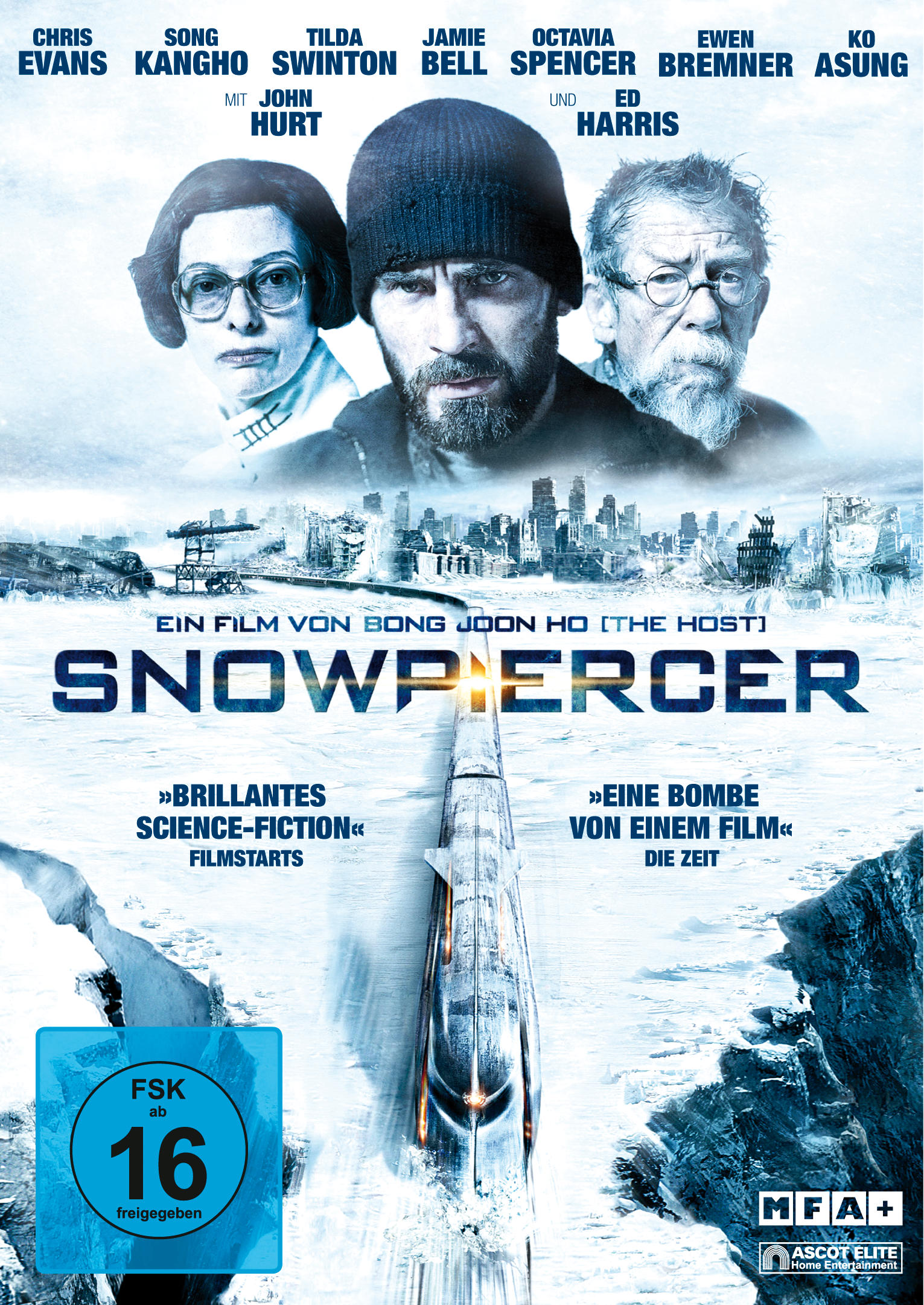 DVD-Cover von Snowpiercer mit Gesichtern von Schauspielern, einem Zug und einer Winterlandschaft.