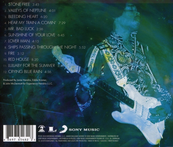 Jimi Hendrix Albumcover. Hendrix spielt Gitarre, Text links. Blau-grünes Farbschema.