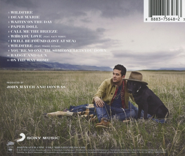 Rückseite des John Mayer Albums. Mayer mit Hund, Feld und Album-Tracks gelistet.
