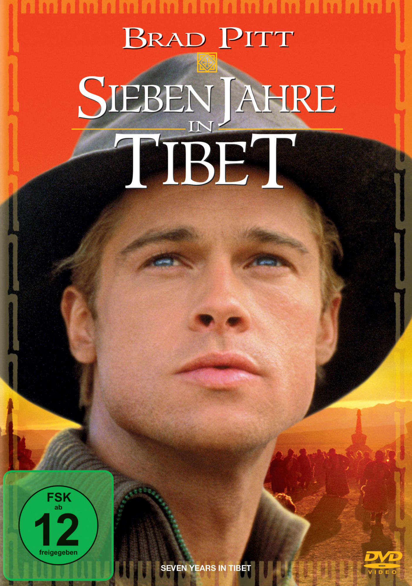 DVD-Cover von 'Sieben Jahre in Tibet' mit Brad Pitt, mit Bergkulisse im Hintergrund.