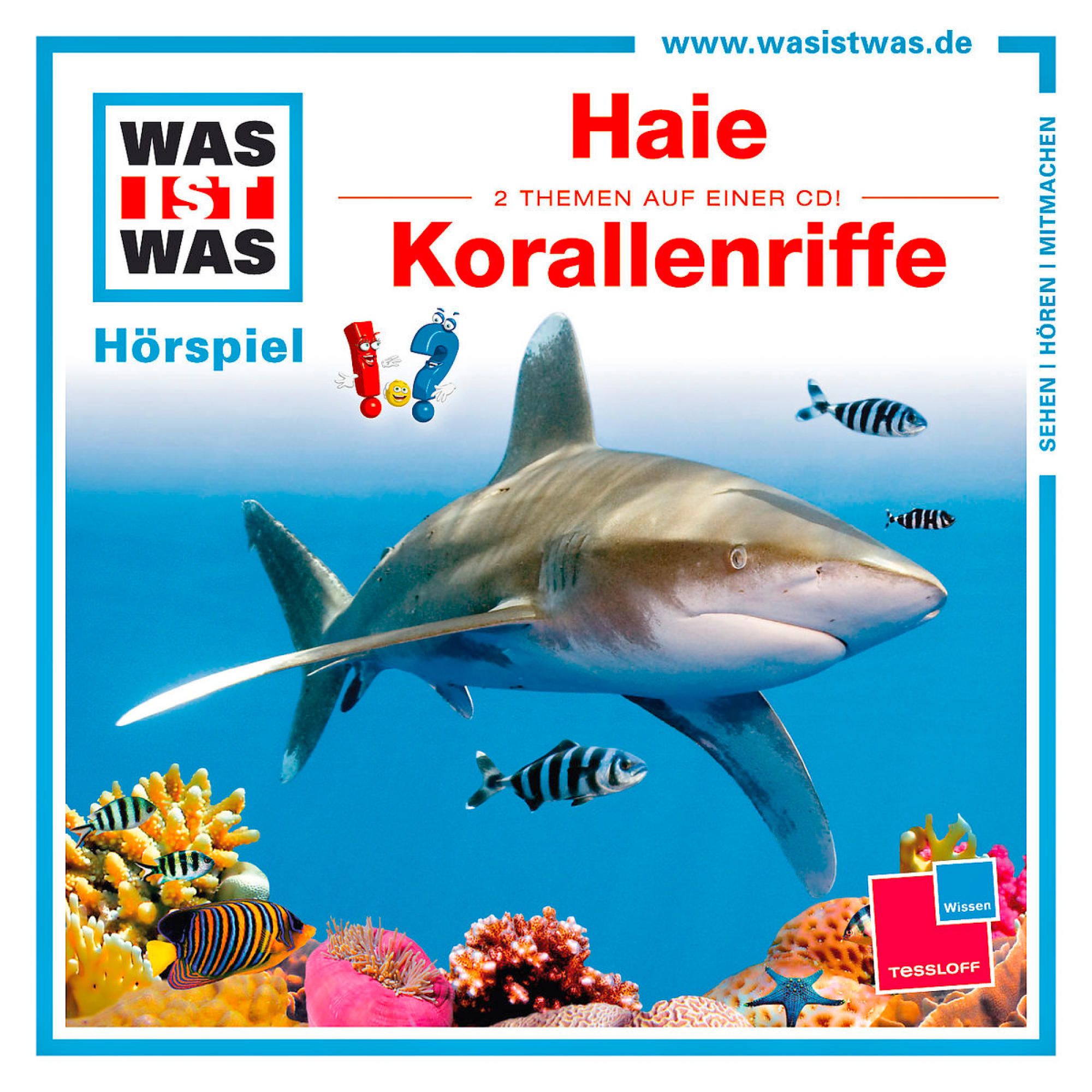 Cover für ein Kinderalbum über Haie und Korallenriffe, mit Illustrationen.