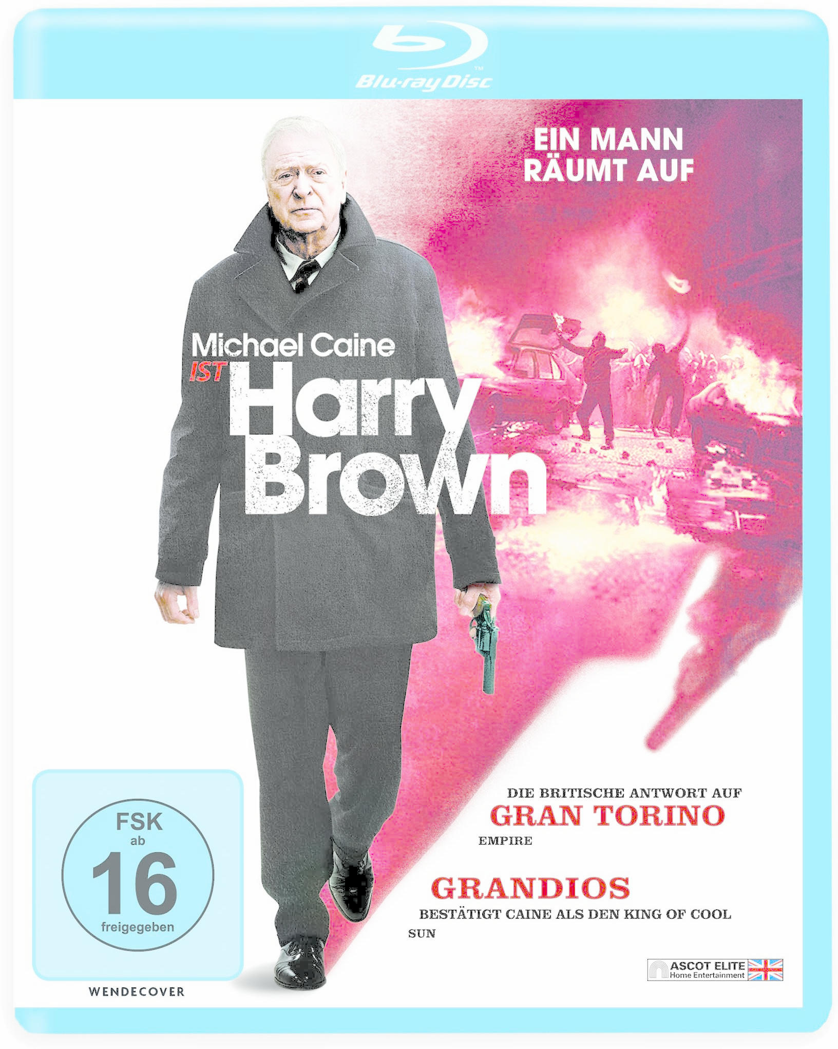 Blu-ray-Cover von 'Harry Brown' mit Michael Caine mit einer Waffe und Text in mehreren Sprachen.