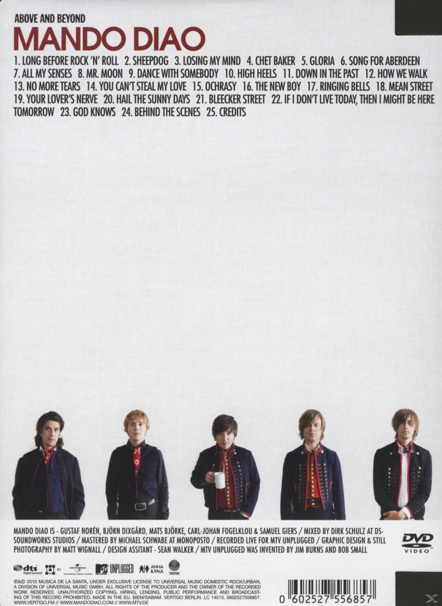 Albumcover mit Bandmitgliedern, Titelliste und Albumtitel: Mando Diao, Above and Beyond.