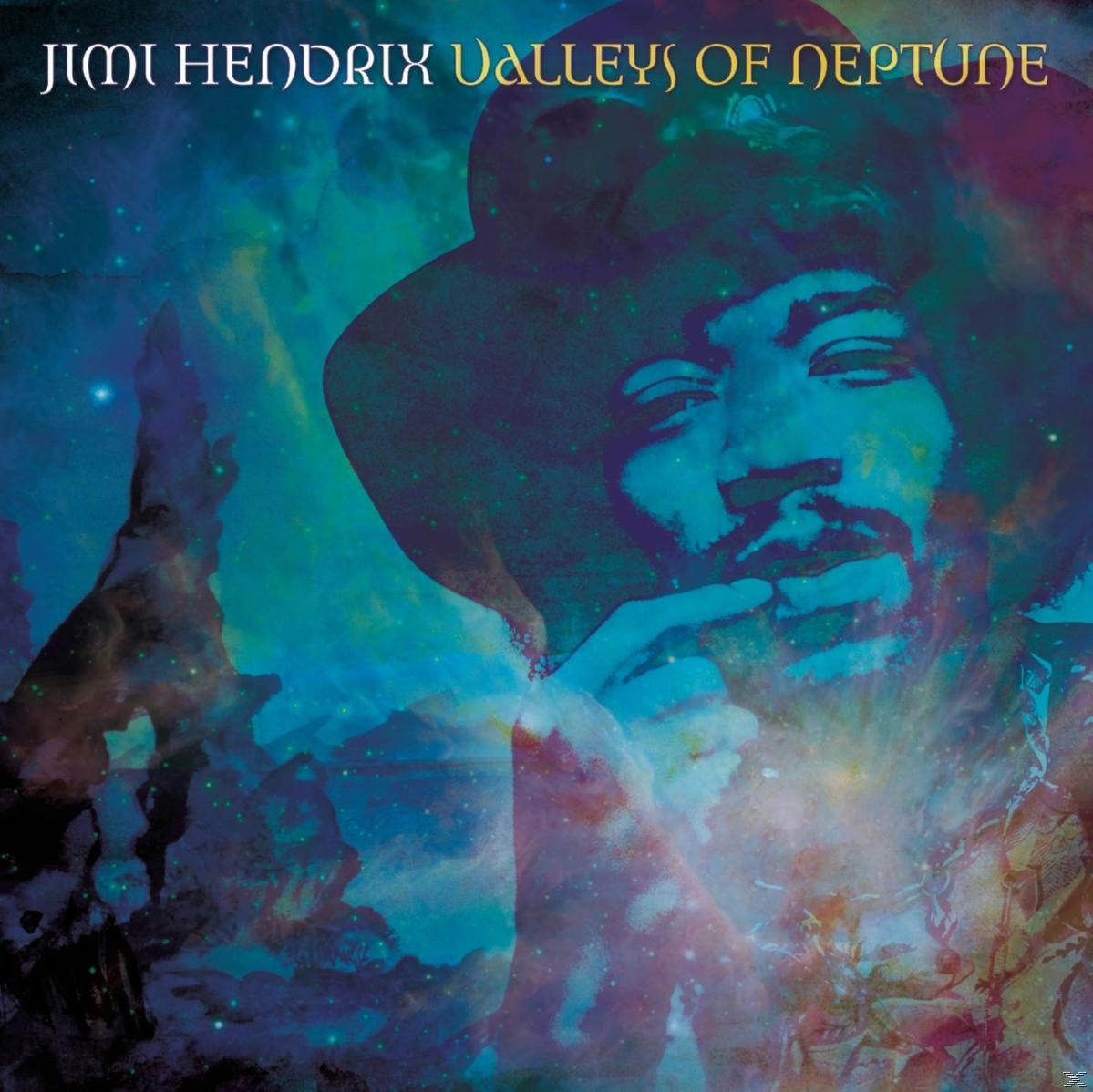 Albumcover. Porträt von Jimi Hendrix mit Hut und kosmischem Hintergrund, Blau- und Lilatöne.