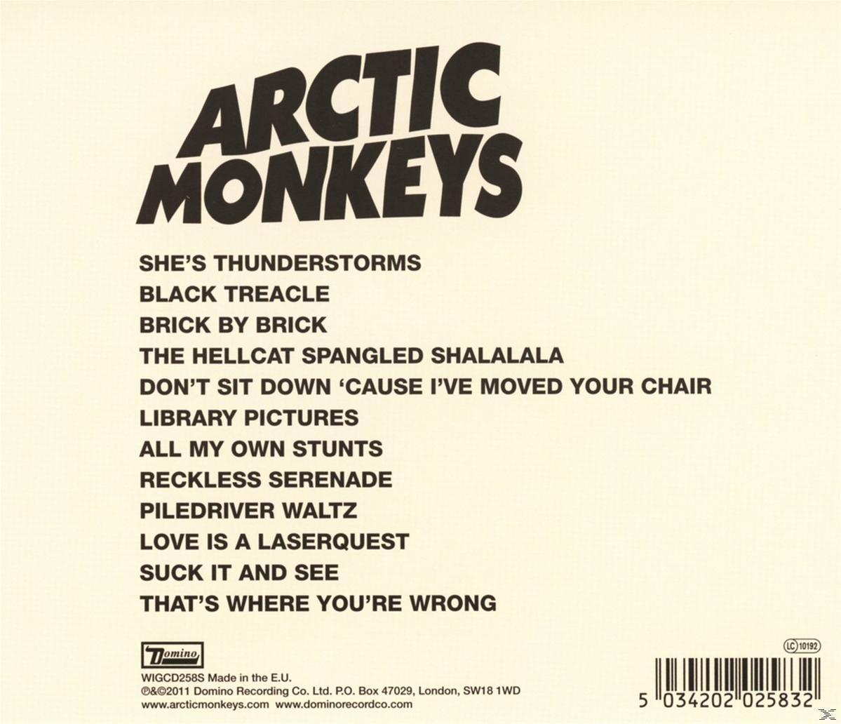 Pochette d'album avec le texte des Arctic Monkeys et les titres des chansons. Le fond est crème clair.