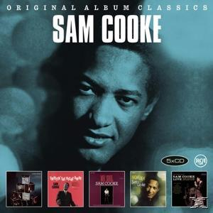 Albumcover. Sam Cookes Gesicht. Darunter sind 5 Albumcover. Blauer Hintergrund mit dem Titel Original Album Classics.