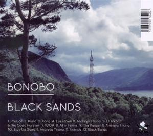 Bonobo Black Sands Albumcover, Landschaft mit Bergen, einem Turm und einem bewölkten Himmel.