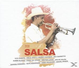 Albumcover von "2CD Essentials Salsa" mit einem Mann, der Trompete spielt.