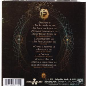 Rückseite eines CD-Covers mit Titelliste; goldene, geometrische Formen auf schwarzem Grund.