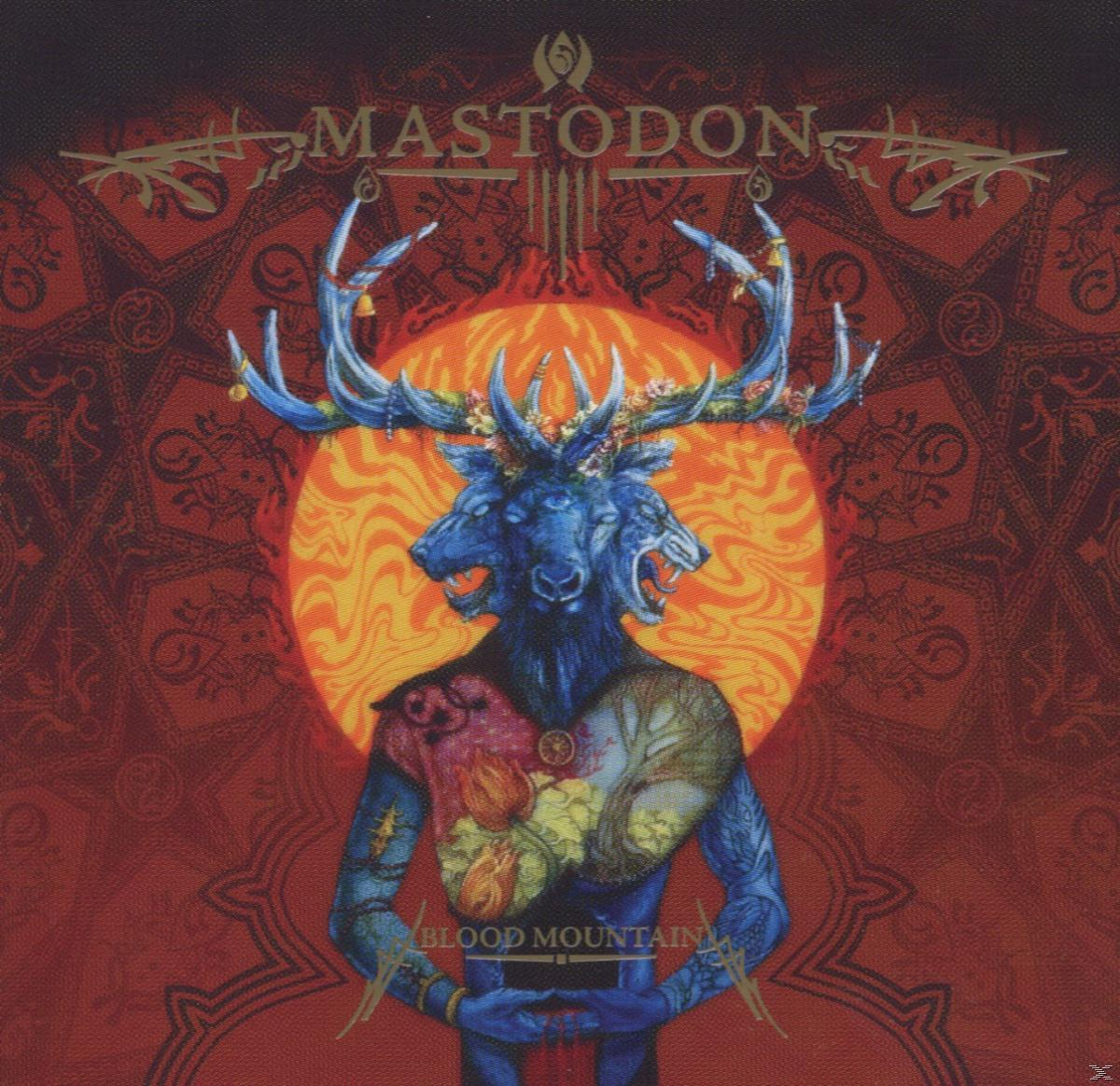 Albumcover für Mastodon 'Blood Mountain'. Ein blaues Wesen mit Geweih und rotem Hintergrund.