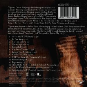 Rückseite des Tapestry-Albums. Der Text beschreibt die Songs und die Geschichte des Albums. Auf der rechten Seite befindet sich ein Barcode.