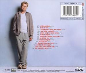 Albumcover mit einem Mann in einem hellgrauen Outfit, Titelliste in Rot auf hellblauem Hintergrund.