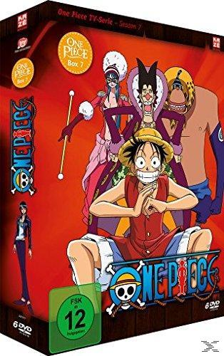 DVD-Box-Set mit Zeichentrickfiguren aus 'One Piece', rotem Hintergrund und Logos.