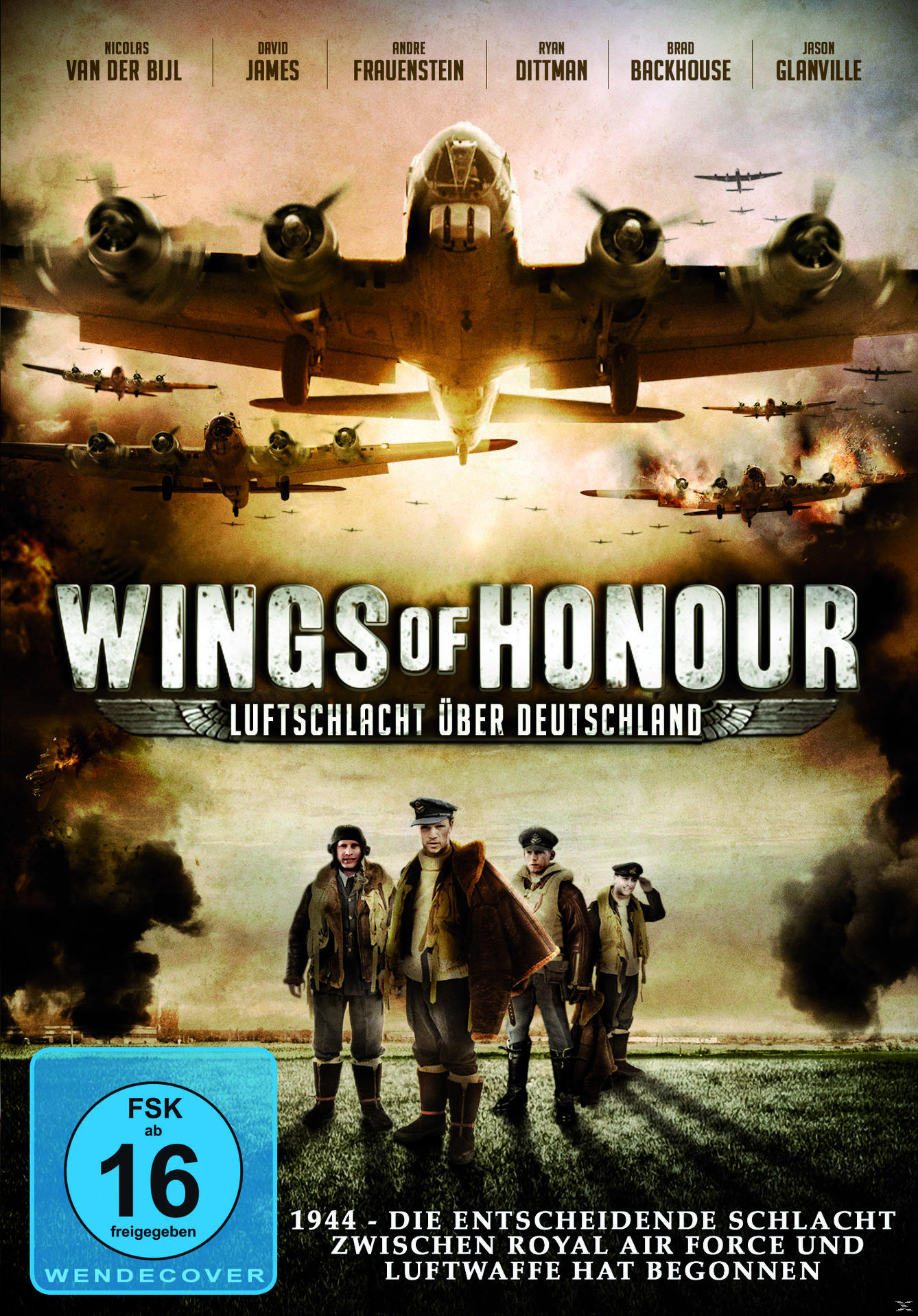 DVD-Cover mit einer Gruppe von Männern in Bomberjacken und Flugzeugen im Hintergrund.