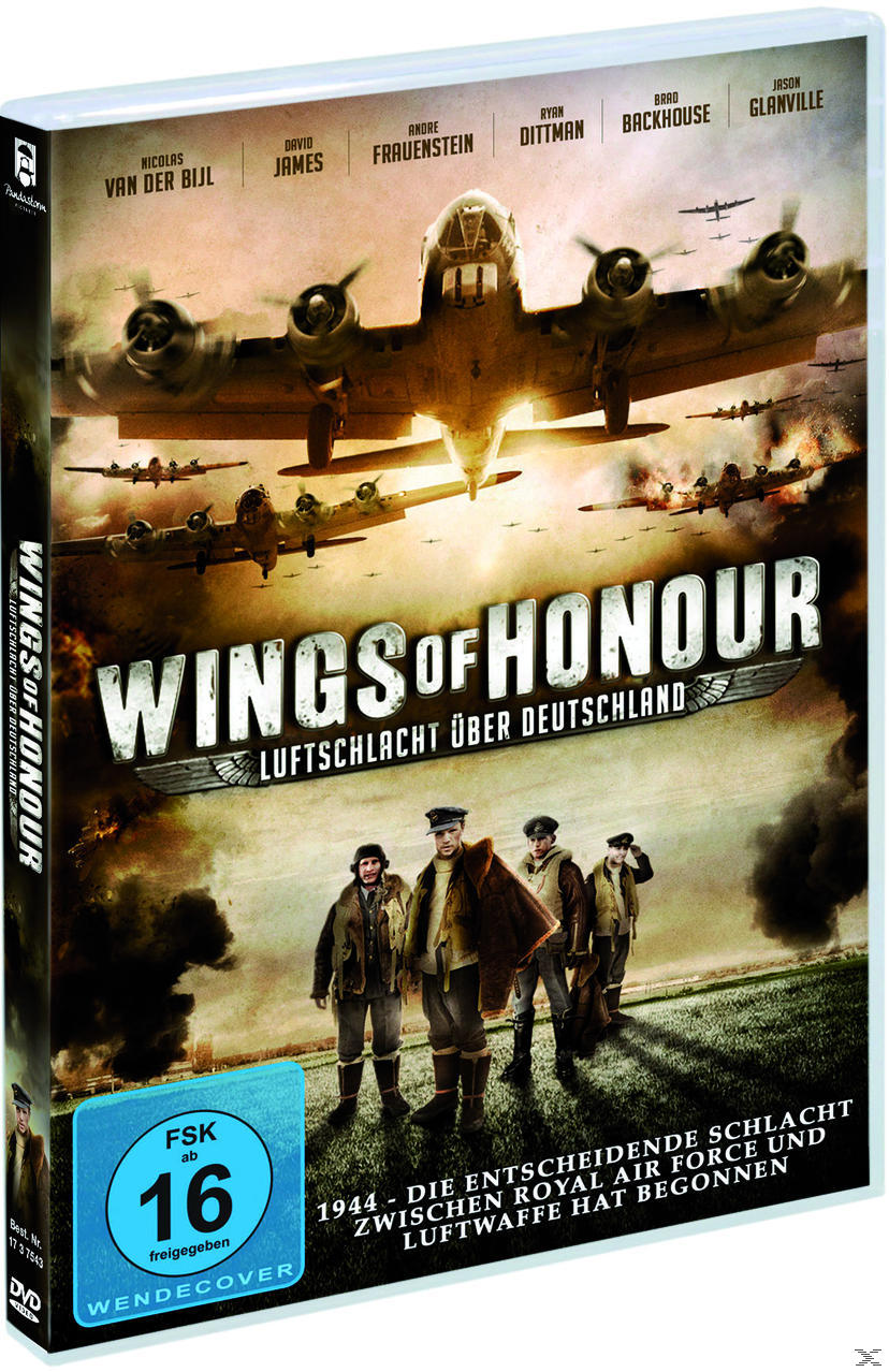 DVD-Cover: WWII-Flugzeuge fliegen, Soldaten unten. Titel: Wings Of Honour.