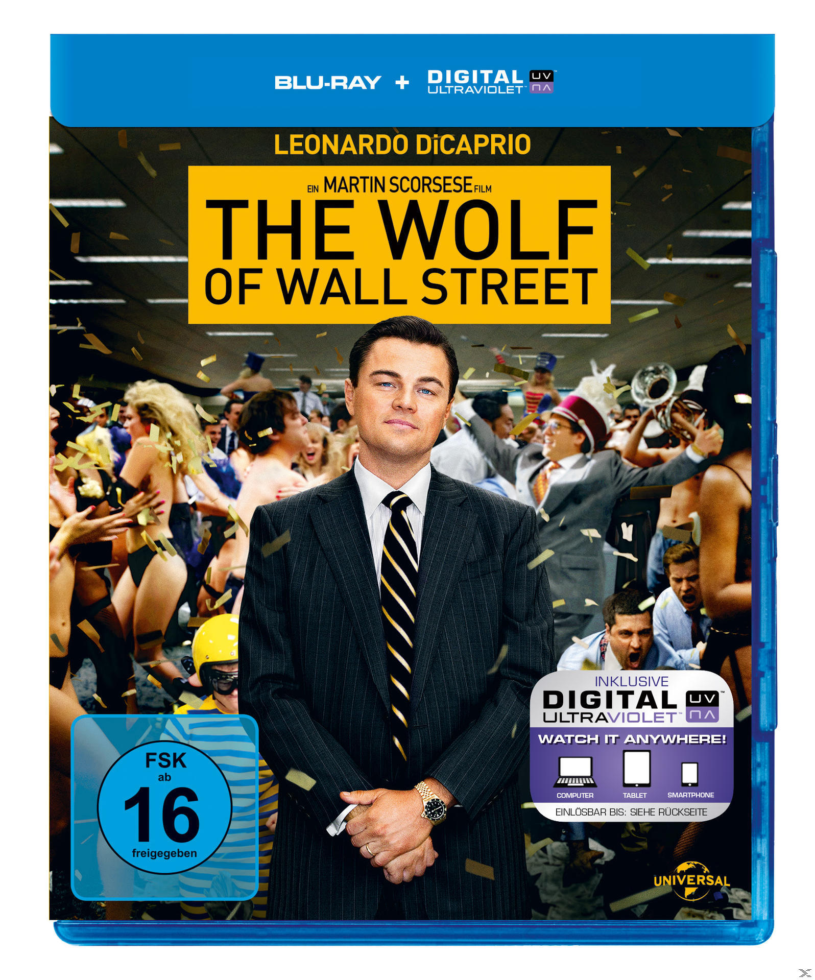 The Wolf of Wall Street Blu-ray-Cover. Leonardo DiCaprio. Menschen im Hintergrund, FSK-Logo.