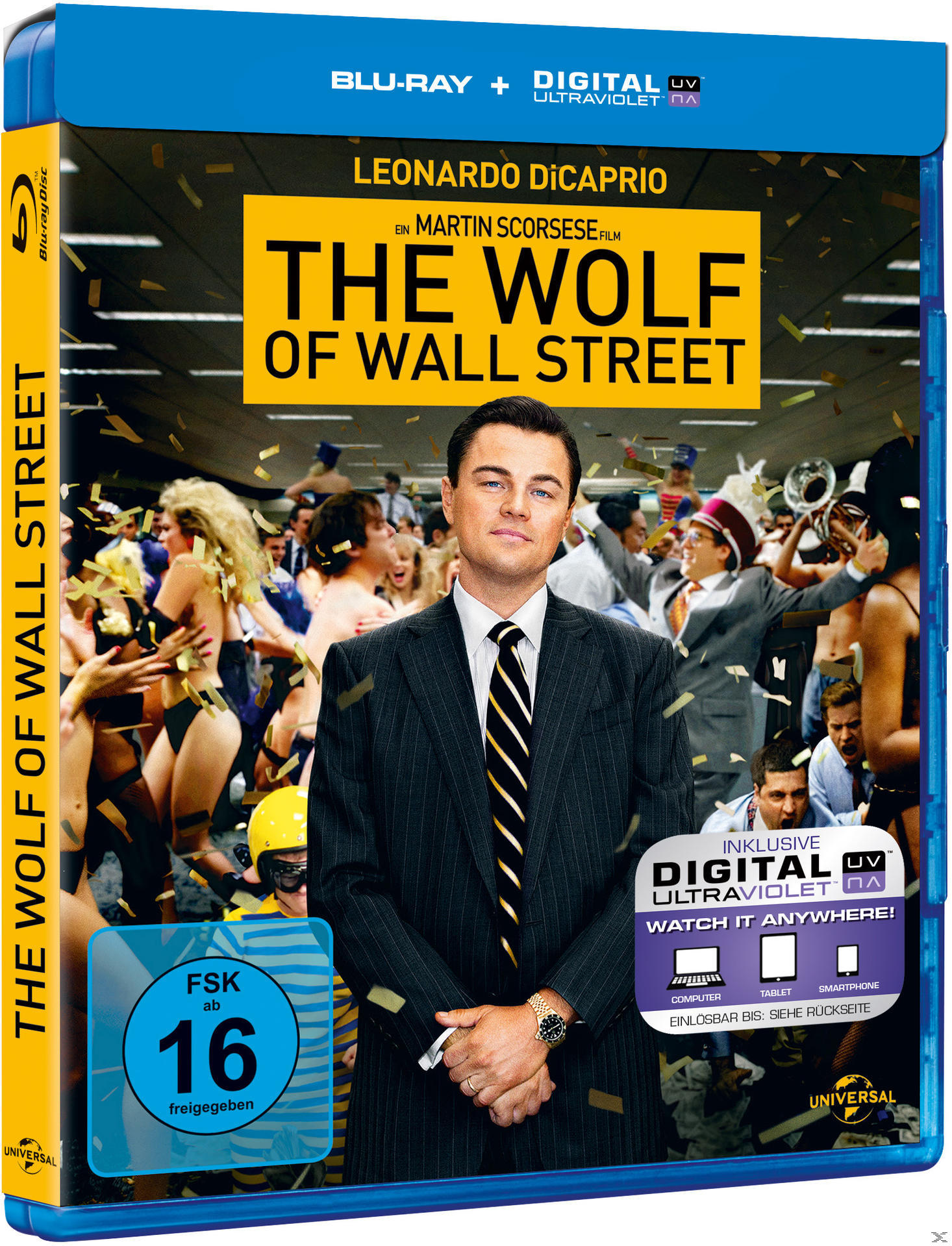 Blu-ray-Cover von The Wolf of Wall Street. Leonardo DiCaprio steht im Mittelpunkt, umgeben von anderen.