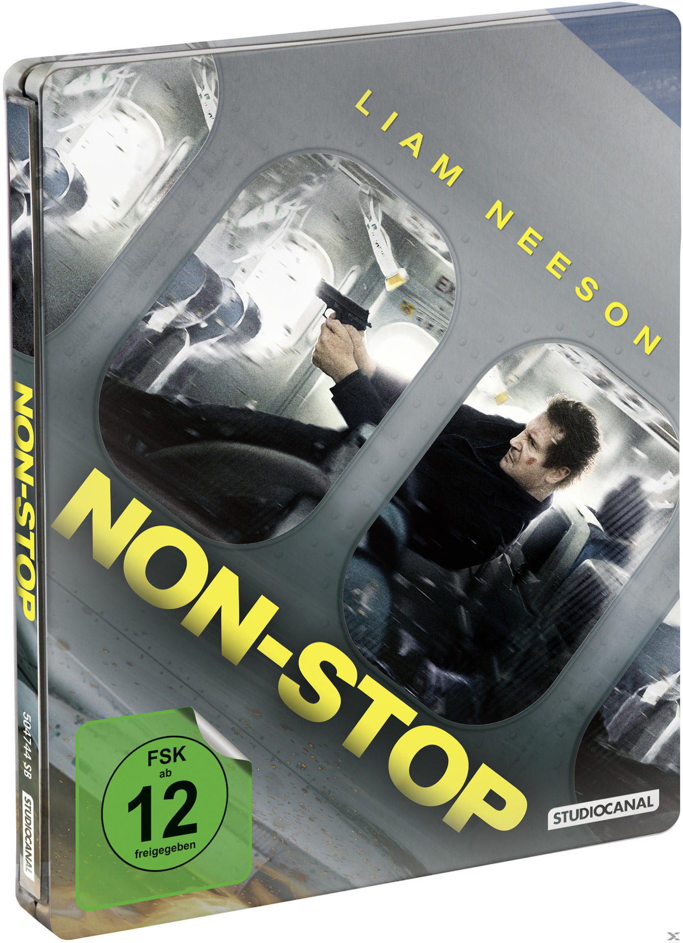 Filmcover für 'Non-Stop', Liam Neeson mit Waffe im Flugzeug. Gelber Text.