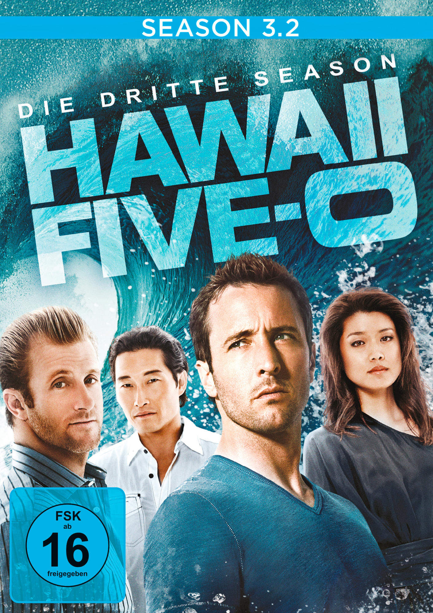 DVD-Cover für Hawaii Five-0 Staffel 3.2. Schauspieler sind mit Wellenhintergrund abgebildet.