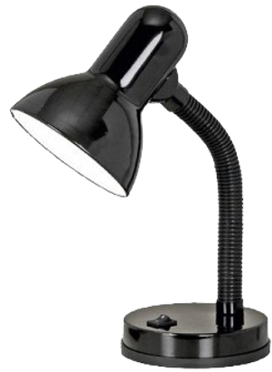 Schwarze Schreibtischlampe mit flexiblem Hals und rundem Fuß.