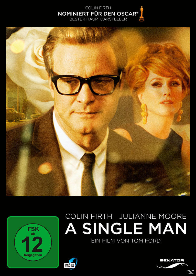 A Single Man Filmcover. Mann im Anzug und Brille, mit einer Frau. Gelber Hintergrund.