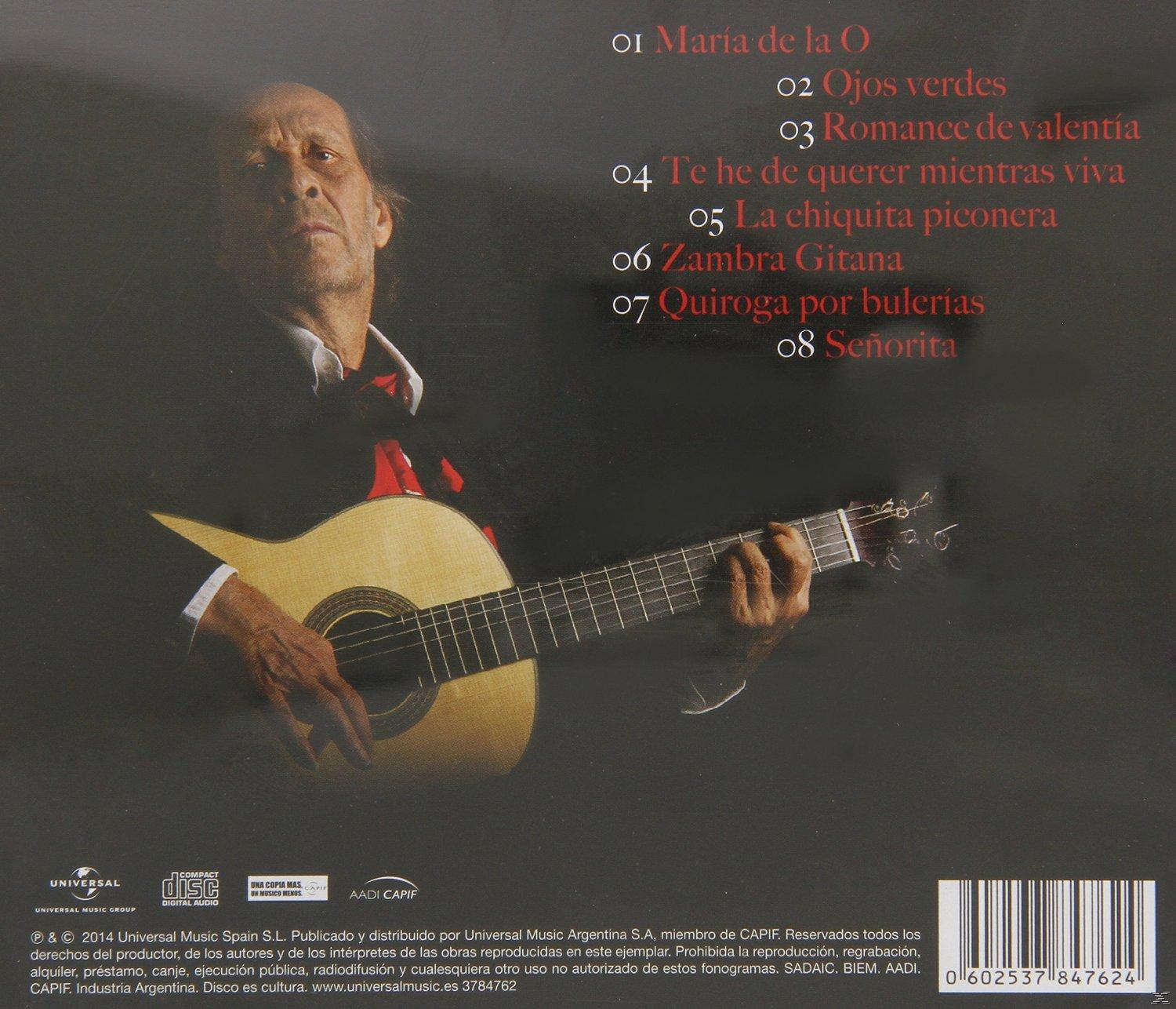 Album-Rückseite: Ein Mann spielt Gitarre, Noten und Text auf Spanisch.