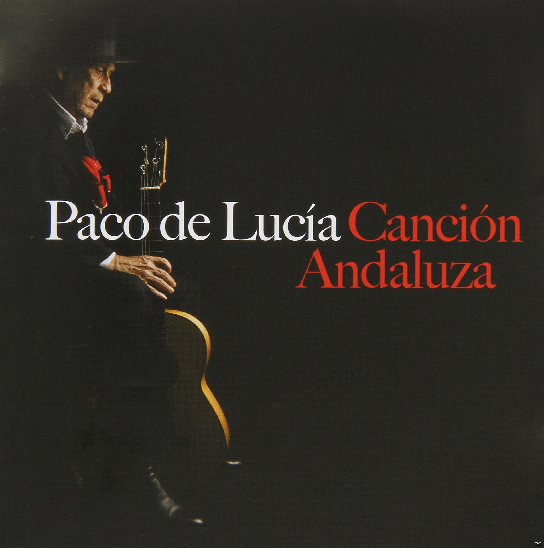 Paco de Lucía Canción Andaluza Albumcover. Gitarrist mit Gitarre, dunkler Hintergrund, roter und weißer Text.