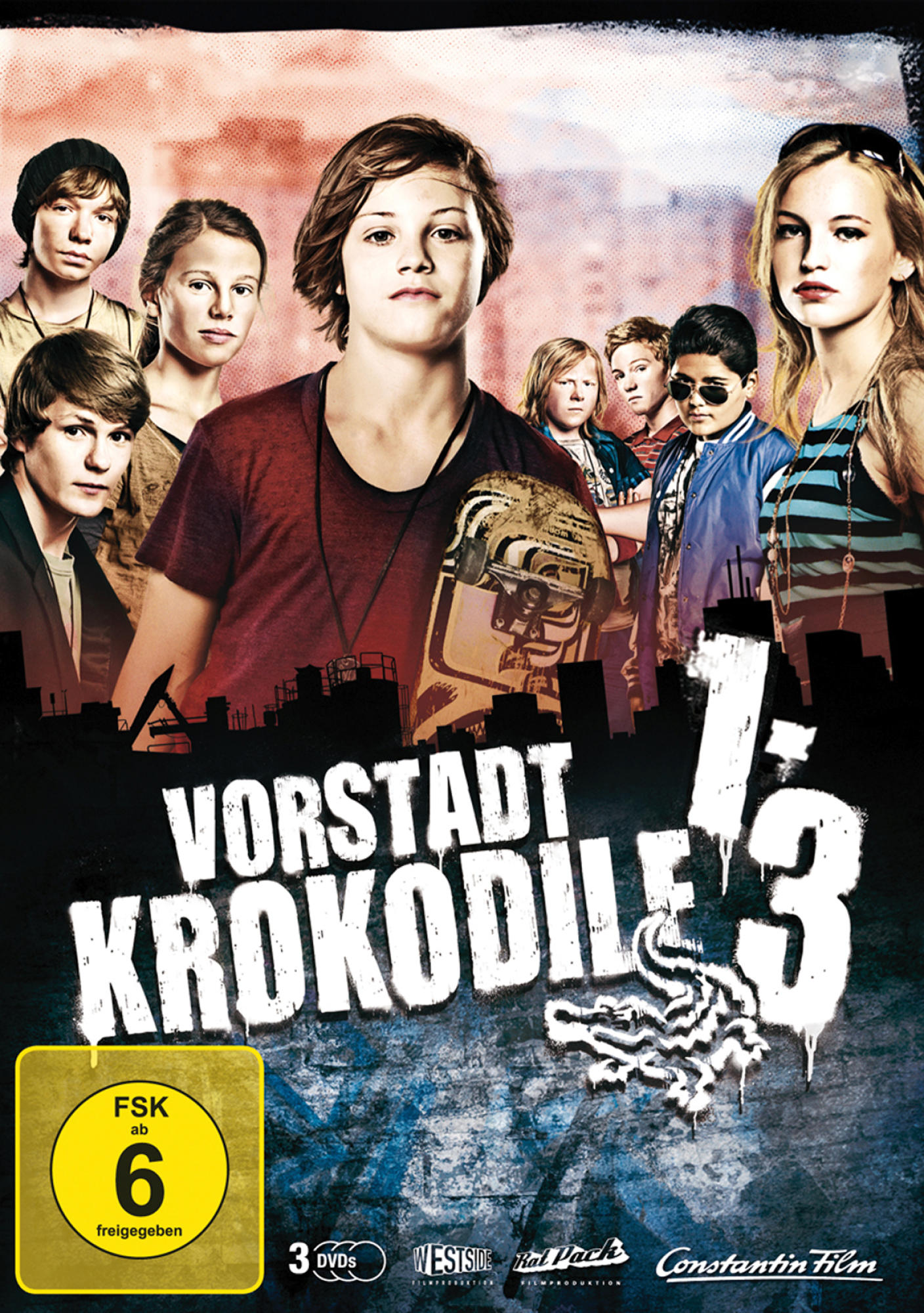 Filmplakat für Vorstadtkrokodile 1-3. Es zeigt eine Gruppe von Kindern und den Filmtitel auf blau-grauem Hintergrund.