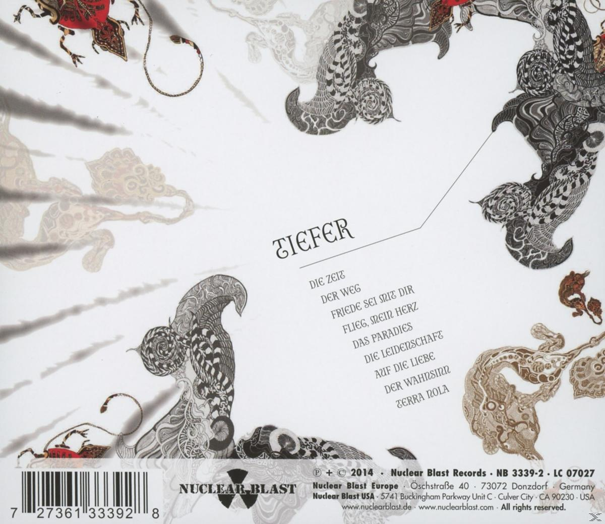 Albumcover mit abstrakten Zeichnungen, Text: Tiefer, und Text auf Deutsch.
