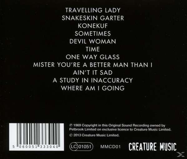 CD-Rückseite mit Songtiteln auf schwarzem Hintergrund, Barcode und Copyright-Informationen.