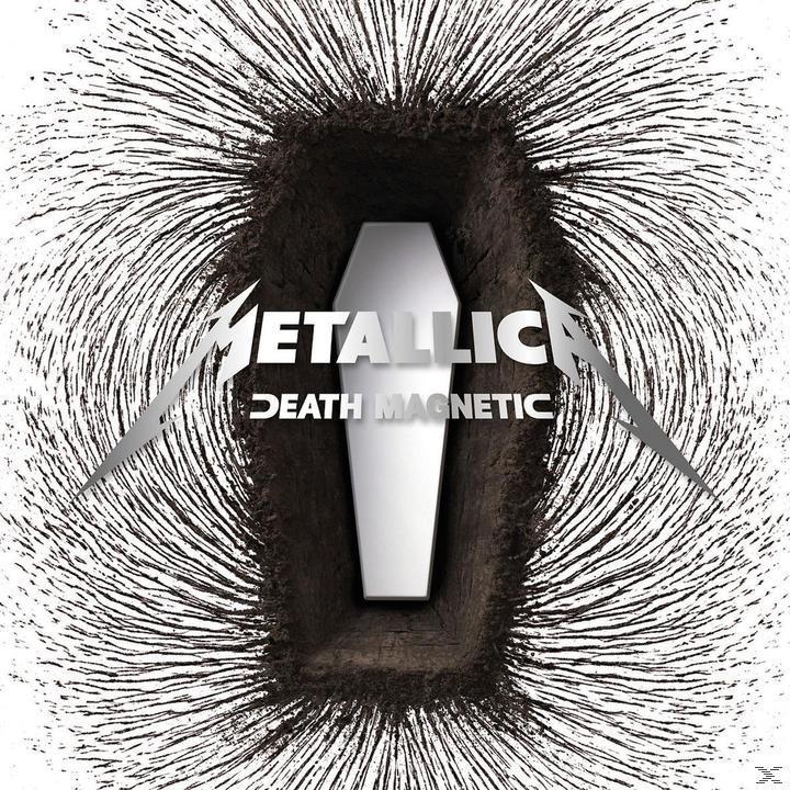 'Death Magnetic' album borítója. Koporsó alak fekete mágneses vonalak között. Fehér háttér.