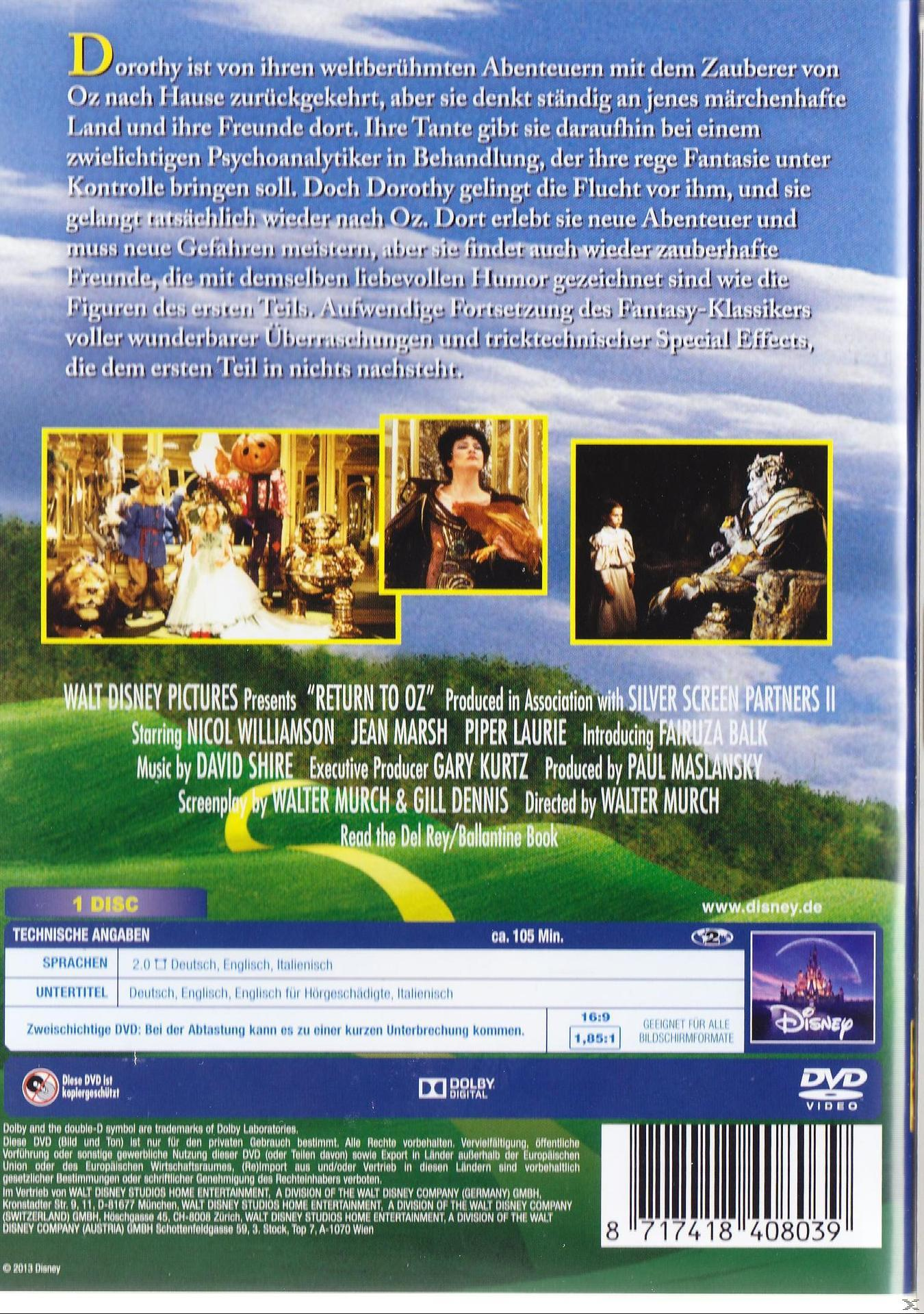 DVD-Hülle für 'Return to Oz' mit Filmstills, Text und einem 'Disney'-Logo.