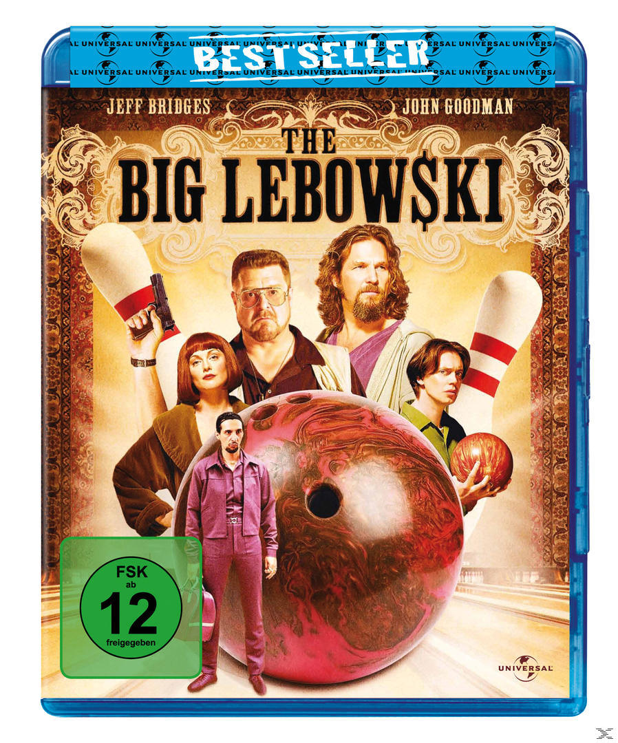 Blu-ray-Disc-Cover für 'The Big Lebowski'. Zeigt die Hauptdarsteller und Bowling-Kegel. Kühnes, farbenfrohes Design.