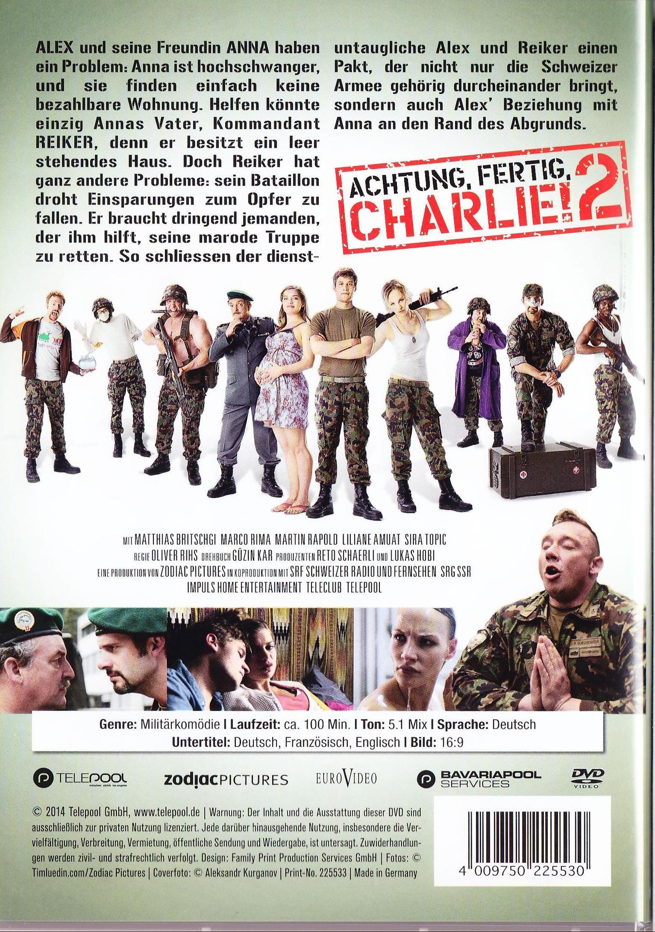 DVD-Rückseite für 'Achtung, Charlie! 2'. Enthält eine Gruppe von Soldaten und Text auf Deutsch.