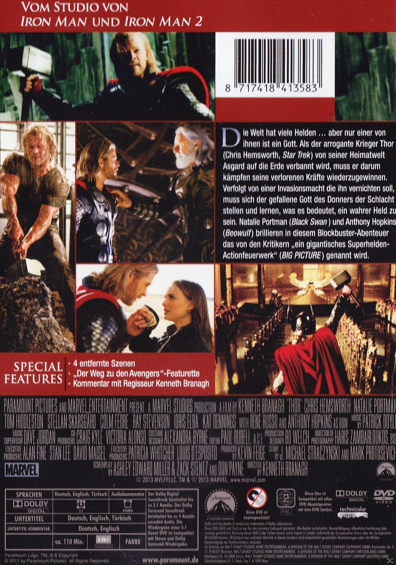 DVD-Hülle des Films Thor. Rückseite zeigt Bilder von Schauspielern und Text auf Deutsch.