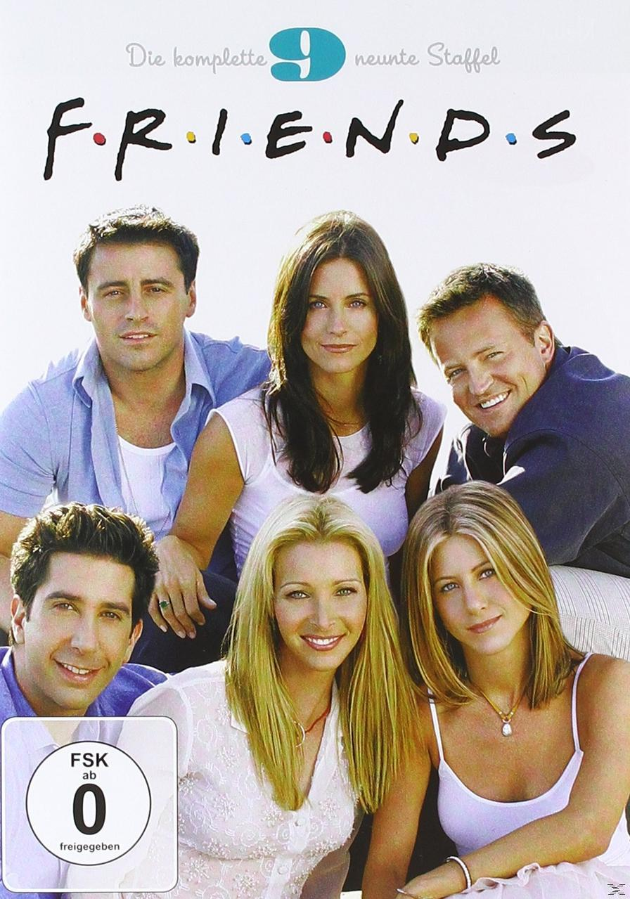 Friends DVD-Cover. Sechs Schauspieler sind darauf zu sehen, mit dem Serientitel oben. Der Hintergrund ist weiß.