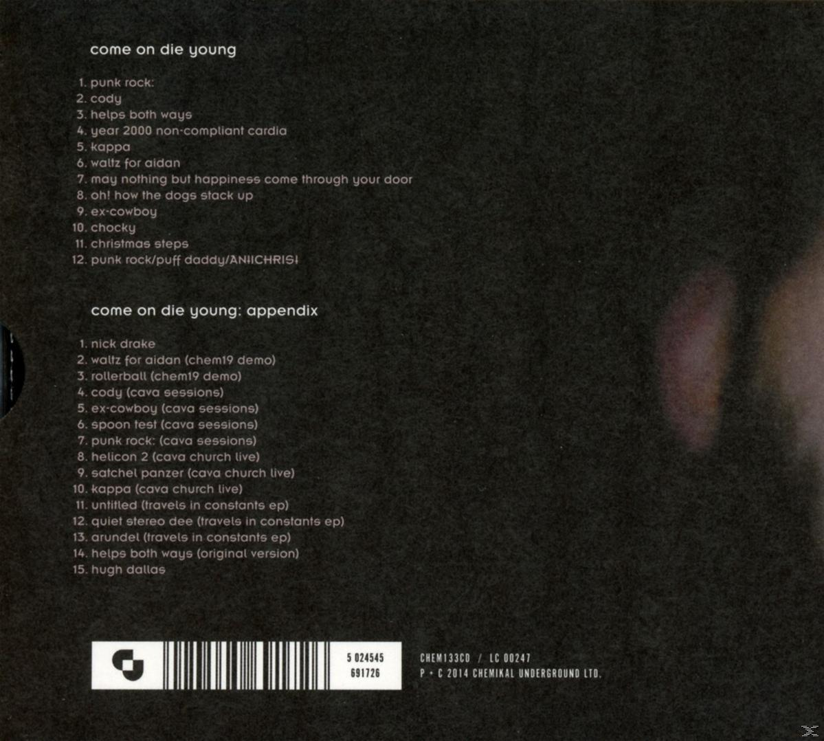 Albumcover mit Titelliste und Barcode. Text: come on die young.