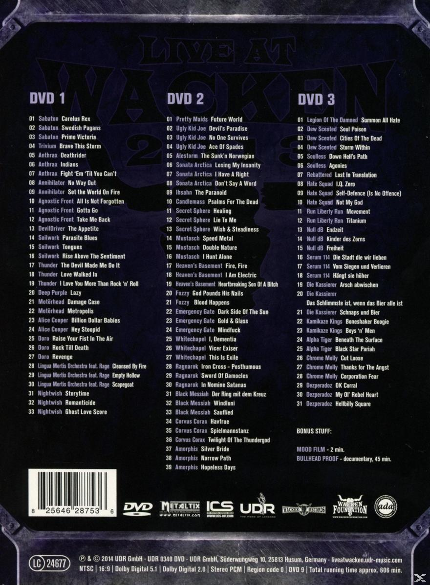 Eine DVD-Hülle mit einer Liste von Titeln und Bands auf der Rückseite, textlastig.