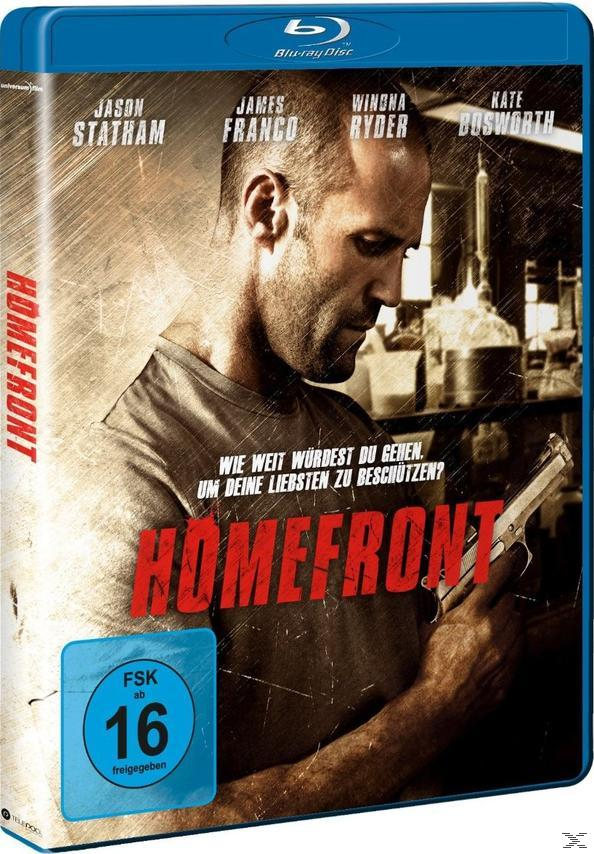 Blu-ray-Cover für Homefront, mit Jason Statham, der eine Waffe hält.