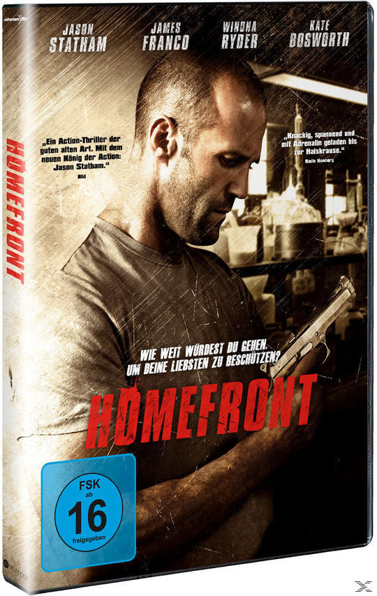 Homefront-Filmcover mit Jason Statham. Dunkler Hintergrund, Waffe sichtbar.