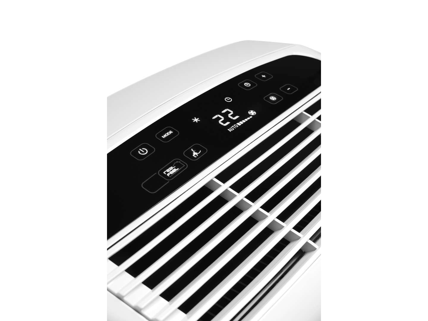 White air conditioner with a black control panel. It displays the temperature, mode and other settings.