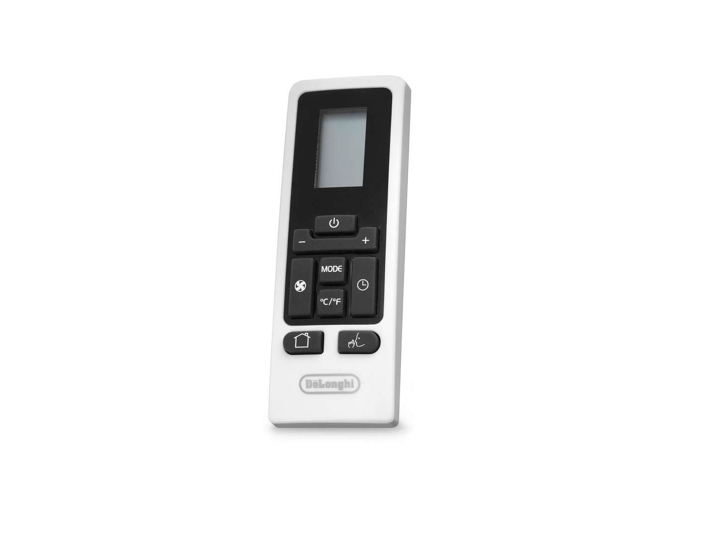 White DeLonghi remote control, buttons, display, isolated on white background.
