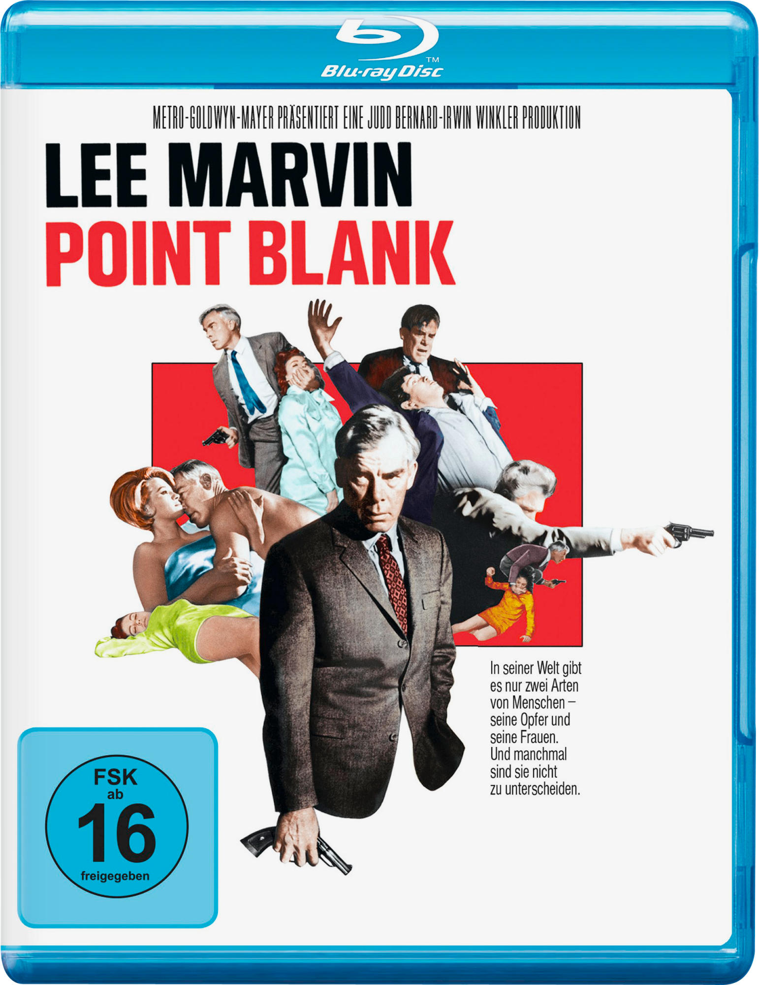 Blu-ray-Cover: Lee Marvin im Anzug, umgeben von Personen. Roter Hintergrund, Text 'Point Blank'.