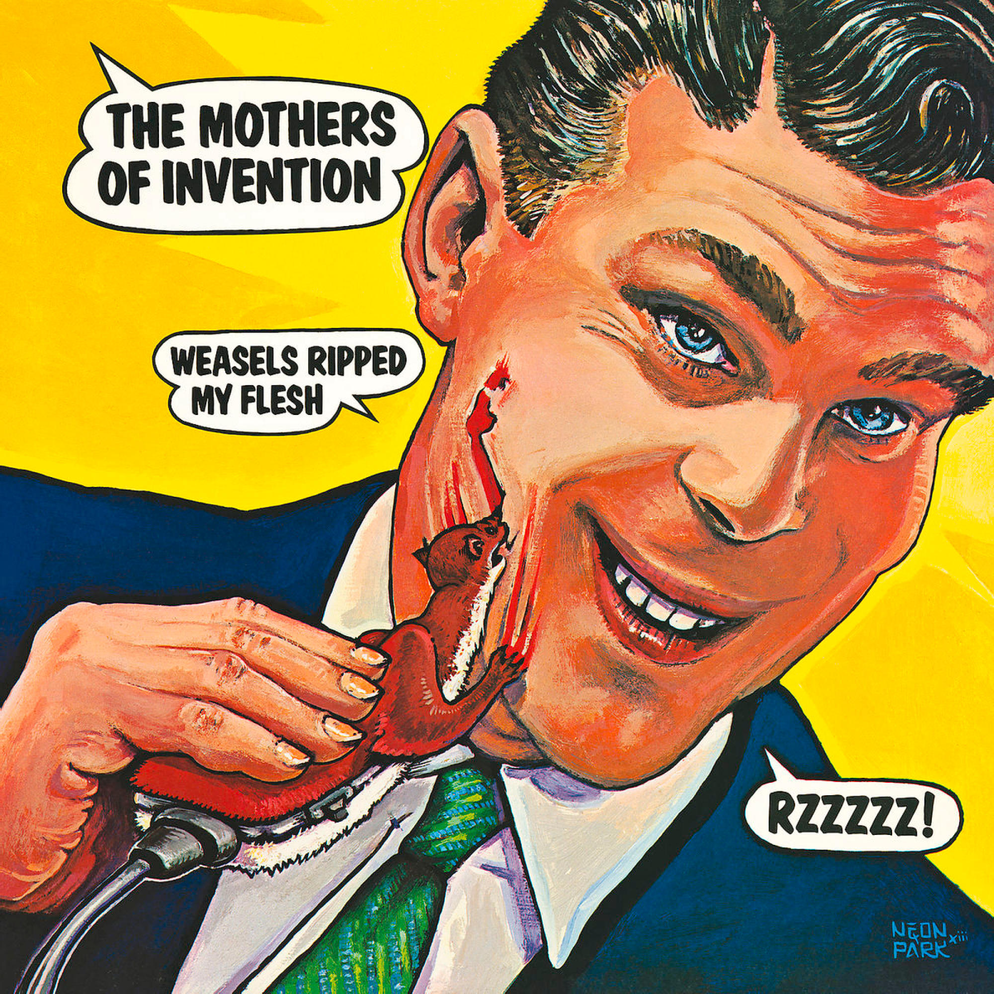 Albumcover-Kunst. Gesicht eines Mannes mit Sprechblasen. Wiesel und Blut im Gesicht. Text: The Mothers of Invention.