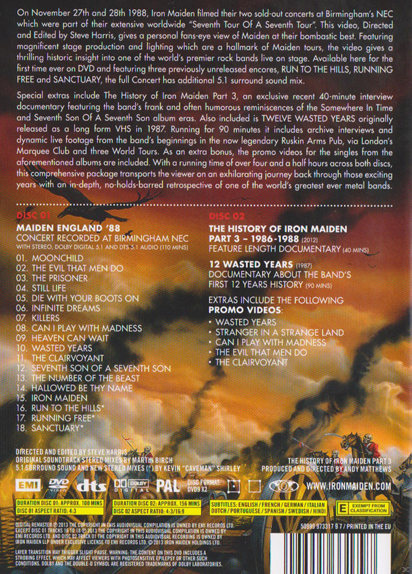 Rückseite des Iron Maiden DVD-Covers. Details zum Konzert, einschließlich Titelliste und zusätzliche Inhalte.