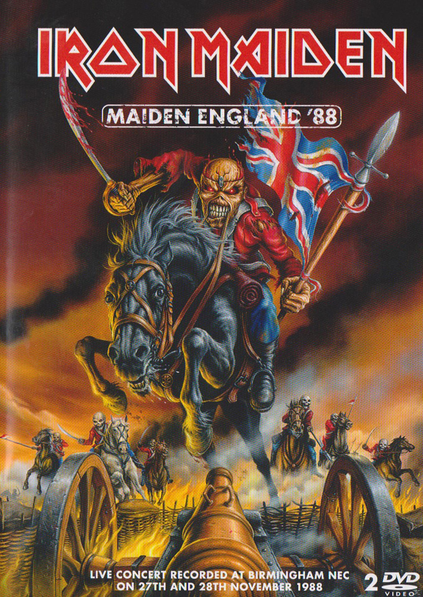 Iron Maiden DVD-Cover, Soldaten auf Pferden, eine Kampfszene mit einem Ritter.