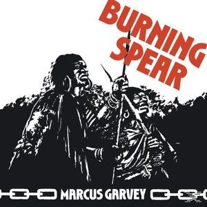 Albumcover: 'Burning Spear' mit zwei Figuren und Text. Schwarz und Weiß, mit rotem Text.