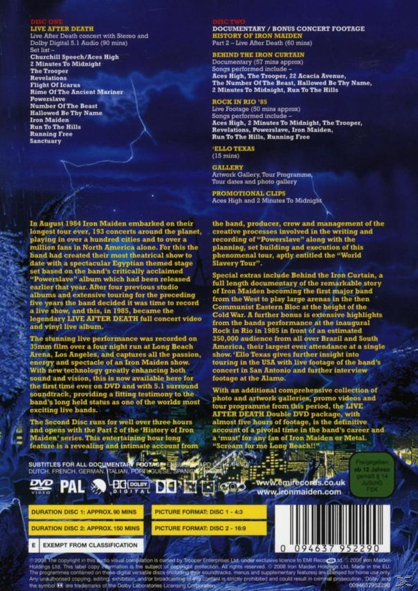 DVD-Cover von Iron Maidens Live After Death. Enthält eine Liste der Songs und ein Bandfoto.