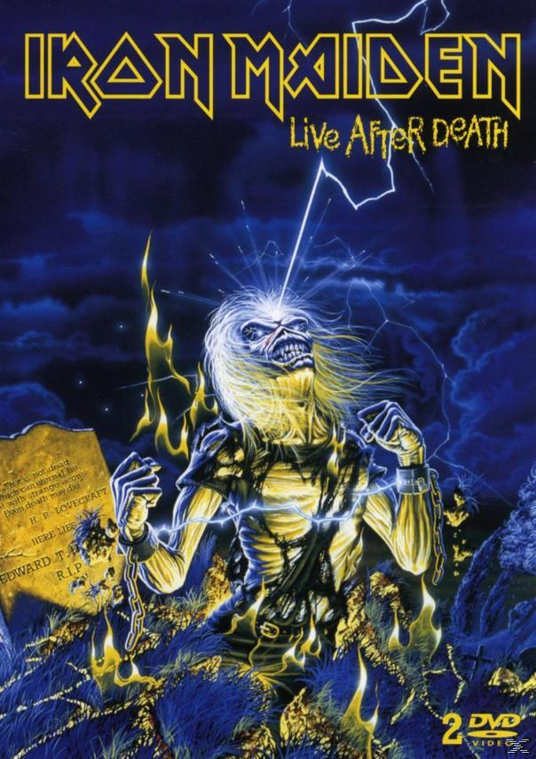 Iron Maiden Live After Death DVD-Cover. Figur mit Blitz, Grabstein, dunkler Himmel.